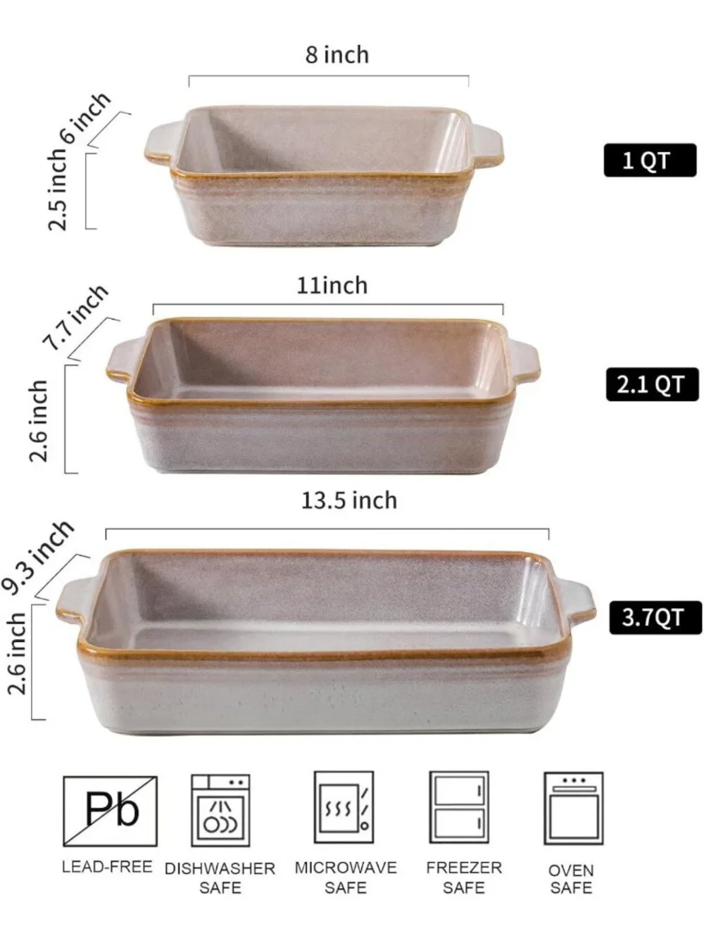 Large Ceramic Baking Dish Set of 3 - Deep Casserole & Lasagna Pans for Oven